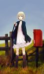  absurdres aqua_eyes bad_id bad_pixiv_id bag blonde_hair blue_eyes boots bread_sakana coat collar dress fence highres looking_at_viewer original postbox_(outgoing_mail) short_hair solo standing sweater 