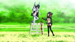  black_hair blue_eyes boots breasts chair field flower flower_field genya_(genya67) highres junketsu katana kill_la_kill kiryuuin_satsuki long_hair luminous_(madoka_magica) mahou_shoujo_madoka_magica mahou_shoujo_madoka_magica_movie matoi_ryuuko medium_breasts midriff multicolored_hair multiple_girls navel red_hair revealing_clothes school_uniform scissor_blade senketsu serafuku short_hair skirt standing_on_object suspenders sword thigh_boots thighhighs two-tone_hair weapon 