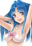  armpits arms_up bikini blue_hair blush breasts kawashima_ami long_hair medium_breasts mokkosu. open_mouth purple_eyes simple_background smile solo swimsuit toradora! underboob white_background white_bikini 