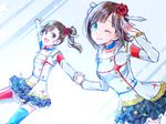  amami_haruka brown_eyes brown_hair choker costume flower futami_mami green_eyes hair_ornament holding_hand holding_hands idolmaster idolmaster_(classic) idolmaster_movie multiple_girls one_eye_closed ribbon side_ponytail smile starpiece_memories yuyu_(yuyurhythm) 