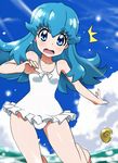  :o bare_legs blue_eyes blue_hair day happinesscharge_precure! highres long_hair precure shell shirayuki_hime sidelocks solo surprised swimsuit tokiani water white_swimsuit 