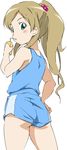  blue_shirt green_eyes gym_shorts juice_box long_hair looking_at_viewer looking_back minamino_kanade precure shirt shorts simple_background solo suite_precure tank_top umanosuke white_background 