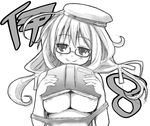  ahoge areolae beret blush book breasts character_name glasses greyscale hat highres i-8_(kantai_collection) kantai_collection large_breasts long_hair monochrome naz school_swimsuit smile solo strap_slip swimsuit underboob 