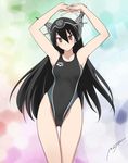  arena_(company) bare_shoulders black_hair blush breasts competition_swimsuit hairband headgear kantai_collection long_hair medium_breasts nagato_(kantai_collection) onaya_masakazu one-piece_swimsuit red_eyes solo swimsuit 