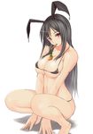  animal_ears barefoot between_breasts bikini black_bikini black_hair blush breasts bunny_ears carrot cleavage large_breasts long_hair micro_bikini muffin_(sirumeria) original red_eyes shiny shiny_skin simple_background skindentation solo squatting strap_gap swimsuit white_background 