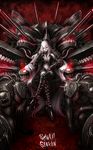  armor armored_boots bare_shoulders boots breasts chin_rest commentary_request crossed_legs dark_persona gauntlets gloves glowing glowing_eyes highres kantai_collection large_breasts long_hair misawa_kei monster nagato_(kantai_collection) navel original pale_skin red_eyes shinkaisei-kan silver_hair sitting solo thigh_boots thighhighs very_long_hair 