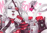  animal_ears ass blue_eyes braid breasts cleavage collar commentary detached_sleeves ear_piercing exaxuxer eyepatch fangs fingerless_gloves furry genderswap genderswap_(mtf) gloves heart heart-shaped_pupils heart_eyepatch heart_print large_breasts league_of_legends long_hair looking_at_viewer lying on_stomach paw_pose piercing pouch rengar short_shorts shorts skindentation snout solo symbol-shaped_pupils tail tail_ornament valentine white_hair 