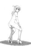  ass back blush boots fingerless_gloves from_behind full_body gloves graphite_(medium) greyscale hair_ornament harumachi_nagaaki high_heel_boots high_heels highres long_hair looking_back masturbation monochrome nude object_insertion original planted_sword planted_weapon pussy_juice simple_background solo sword traditional_media vaginal vaginal_object_insertion weapon 