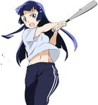  aoki_reika baseball_bat blue_eyes blue_hair frown long_hair looking_at_viewer open_mouth pants precure simple_background smile_precure! solo track_pants umanosuke white_background 