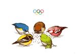  bad_id bad_pixiv_id bird eurasian_tree_sparrow food hscatter japanese_white-eye long-tailed_rosefinch narcissus_flycatcher no_humans olympic_rings olympics original red-flanked_bluetail sparrow white_background 