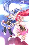 \||/ aino_megumi blue_skirt boots cape crown cure_lovely cure_princess earrings happinesscharge_precure! highres jewelry multiple_girls ponytail precure ribbon shirayuki_hime skirt sky star_(sky) starry_sky thighhighs twintails ushiki_yoshitaka v wide_ponytail zettai_ryouiki 