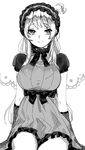  bad_id bad_pixiv_id breasts dithering greyscale julion_(akesuzu) large_breasts long_hair looking_at_viewer monochrome simple_background smile solo white_background 