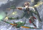  a7m_reppuu aa_gun absurdres aircraft airplane armor battle blush bow_(weapon) brown_eyes brown_hair crossbow enemy_aircraft_(kantai_collection) erica_(naze1940) fire flat_chest flight_deck headband headgear highres jet kantai_collection magazine_(weapon) ocean open_mouth pleated_skirt shinkaisei-kan short_hair skirt taihou_(kantai_collection) thighhighs weapon yokosuka_d4y 