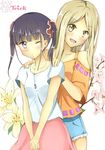  :d bad_id bad_pixiv_id bare_shoulders black_hair blonde_hair brown_eyes casual copyright_name flower hands_on_shoulders jewelry lily_(flower) long_hair matsurika_(j297021302) minami_shizuku multiple_girls necklace noda_kotone one_eye_closed open_mouth purple_eyes sakura_trick scrunchie shirt short_twintails smile t-shirt twintails v_arms yuri 
