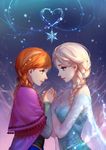  anna_(frozen) ask_(askzy) bare_shoulders blonde_hair blush braid breasts dress elsa_(frozen) eye_contact frozen_(disney) green_eyes highres holding_hands long_hair looking_at_another medium_breasts multiple_girls orange_hair siblings sisters smile snowflakes twin_braids 