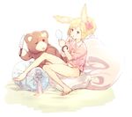  animal_ears bad_id bad_pixiv_id barefoot black_panties blonde_hair bow bunny_ears hair_bow highres knife open_mouth original panties pillow ponytail red_eyes short_hair sitting solo stuffed_animal stuffed_toy subachi teddy_bear underwear 