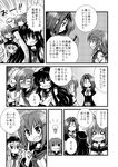  &gt;_&lt; 5girls :d =_= akatsuki_(kantai_collection) arm_up closed_eyes comic fang folded_ponytail greyscale hair_ornament hairclip hat hibiki_(kantai_collection) ikazuchi_(kantai_collection) inazuma_(kantai_collection) jitome kantai_collection light_bulb long_hair monochrome multiple_girls neckerchief notepad open_mouth sanari_(quarter_iceshop) school_uniform serafuku short_hair smile tatsuta_(kantai_collection) translated xd 