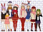  \n/ alternate_hair_length alternate_hairstyle anger_vein animal_ears antennae argyle argyle_scarf bare_legs barefoot bespectacled bird_wings black_hair blue_hair bow brown_eyes brown_hair bunny_ears bunny_ears_prank closed_eyes coat contemporary crossed_arms facing_viewer frown fujiwara_no_mokou glasses gloves green_hair grin hair_bow hat holding_hands houraisan_kaguya imperishable_night inaba_tewi jealous kamishirasawa_keine long_hair looking_at_viewer mary_janes multiple_girls mystia_lorelei nurse_cap one_eye_closed open_clothes open_coat over-kneehighs pantyhose parody pink_hair plaid plaid_scarf plaid_skirt pleated_skirt polka_dot polka_dot_background purple_hair rainney red_eyes reisen_udongein_inaba santa_hat scarf shoes short_hair shorts sideways_glance silver_eyes skirt smile style_parody thighhighs touhou v white_hair wings wriggle_nightbug yagokoro_eirin zettai_ryouiki 