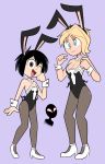  2girls animal_ears black_hair blonde_hair breasts bunny_ears bunnysuit cleavage gwen_stacy high_heels marvel miscon multiple_girls peni_parker spider-gwen spider-man:_into_the_spider-verse spider-man_(series) superhero 