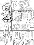  1girl :d blush calme_(pokemon) collared_shirt comic dress_shirt eyewear_on_head fedora greyscale hat hk_(nt) long_hair looking_at_viewer monochrome necktie open_mouth plaid plaid_skirt pokemon pokemon_(game) pokemon_xy ponytail serena_(pokemon) shirt skirt smile standing suspender_skirt suspenders thighhighs translated zettai_ryouiki 