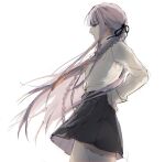  1girl black_ribbon black_skirt braid brown_necktie collared_shirt cowboy_shot danganronpa:_trigger_happy_havoc danganronpa_(series) hair_ribbon hand_on_own_hip highres kirigiri_kyoko long_sleeves necktie on_jacket pink_hair profile ribbon shirt side_braid simple_background skirt solo white_background white_shirt yochilyee 