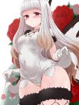  1girl absurdres airy_(bravely_default) black_thighhighs blush bravely_default:_brilliant_lights bravely_default:_flying_fairy bravely_default_(series) breasts brown_eyes butterfly_wings commission commissioner_upload covered_navel fairy fairy_wings flower fur_trim gloves groin gulp5959 highres insect_wings leotard long_hair looking_at_viewer pointy_ears rose skeb_commission small_breasts solo thighhighs thighs white_gloves white_hair white_leotard wings 