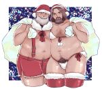  2boys alternate_muscle_size bara beard belly-to-belly big_belly blush bra brown_hair bulge character_request christmas excessive_pubic_hair facial_hair fat fur-trimmed_shorts fur-trimmed_thighhighs fur_trim goatee golden_kamuy grey_hair hairy hat hatotsutsu highres holding holding_sack koito_heiji long_beard looking_at_viewer male_focus male_pubic_hair mature_male multiple_boys mustache navel navel_hair nipples obese old old_man panties pubic_hair sack santa_costume santa_hat short_hair shorts side-by-side smile standing stomach suspenders thick_eyebrows thick_thighs thighhighs thighs topless_male underwear white_panties 
