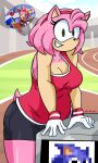 accessory amy_rose anthro big_breasts bottomwear breasts cleavage clothed clothing eulipotyphlan eyelashes female fur gloves green_eyes grey_bottomwear grey_clothing grey_shorts hair_accessory hairband handwear head_tuft hedgehog hi_res looking_at_viewer mammal mario_and_sonic_at_the_olympic_games pink_body pink_clothing pink_fur pink_topwear sega shorts silenttandem smile solo sonic_the_hedgehog_(series) tan_body tan_fur thick_thighs topwear tuft white_clothing white_gloves white_handwear wide_hips
