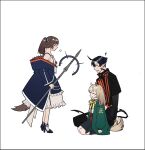  ! 1boy 2girls ? anger_vein animal_ears arknights avi_(baltika_seven) black_footwear black_hair black_pants black_shirt black_skirt blonde_hair blue_bow blue_footwear blue_jacket boots bow bowtie closed_eyes demon_horns dog_ears dog_girl dog_tail dress flamebringer_(arknights) flying_sweatdrops fox_ears fox_girl fox_tail green_jacket hair_between_eyes hair_bow high_heels highres holding holding_staff horns infection_monitor_(arknights) jacket multiple_girls nervous_smile notice_lines open_clothes open_jacket pants perfumer_(arknights) podenco_(arknights) pointy_ears ponytail seiza shirt sigh simple_background sitting skirt smile staff striped striped_bow sweatdrop tail white_background white_dress white_shirt yellow_bow yellow_bowtie 