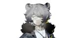  1boy animal_ears arknights bear_boy bear_ears fur-trimmed_jacket fur_trim grey_jacket hair_over_one_eye jacket jaye_(arknights) jewelry looking_to_the_side male_focus necklace one_eye_covered pptsy vitiligo white_background 