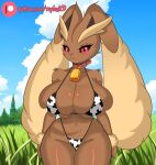 animal_print anthro bell bell_collar big_breasts bikini biped blush breasts brown_body clothing collar cow_print eyelashes female generation_4_pokemon hi_res huge_breasts lopunny nintendo outside pokemon pokemon_(species) pupils raydonxd smile solo swimwear thick_thighs