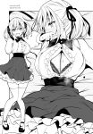  1girl :d artist_name bed_sheet blush breasts cleavage cleavage_cutout clothing_cutout commentary_request dated embarrassed full_body grey_background greyscale hair_ribbon highres kichihachi large_breasts looking_at_viewer monochrome multiple_views open_mouth original ribbon shoes short_hair simple_background skirt smile standing thighhighs twintails two-tone_background white_background zettai_ryouiki 