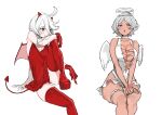  2girls absurdres ahoge angel angel_wings bananahaemeog bare_arms bare_shoulders boots breasts choker cleavage cross-laced_clothes dark-skinned_female dark_skin demon demon_tail demon_wings fake_halo gloves grey_eyes grey_hair gundam gundam_suisei_no_majo hair_between_eyes halo highleg highleg_leotard highres horns leg_up leotard long_hair miorine_rembran multiple_girls negligee one_eye_covered own_hands_together pale_skin platform_footwear platform_heels red_footwear red_gloves secelia_dote short_hair sitting skindentation tail thick_thighs thigh_boots thigh_strap thighs very_long_hair white_choker white_hair white_leotard wings zettai_ryouiki 