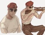  1boy aviator_sunglasses belt beret brown_pants cargo_pants closed_mouth craig_boone crew_cut cropped_legs cropped_torso fallout_(series) fallout_new_vegas frown glasses gun hat highres holding holding_gun holding_weapon hunting_rifle looking_at_viewer looking_to_the_side motsu_pot muscular muscular_male pants red_headwear scope shirt sunglasses trigger_discipline undershirt weapon white_shirt 