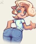 2023 activision anthro big_butt blonde_hair bottomwear breasts butt butt_pose clothing coco_bandicoot crash_bandicoot_(series) female gesture green_eyes hair hi_res looking_at_viewer looking_back looking_back_at_viewer low-angle_view mammal marsupial open_mouth open_smile pants pose rear_view shirt signature simple_background smile solo teeth thumbs_up topwear zamoshvik