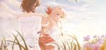  2girls blonde_hair blue_eyes blue_sky bow brown_hair buttons claire_francois cloud cloudy_sky dress drill_hair flower hair_between_eyes hair_bow highres multiple_girls rae_taylor sky watashi_no_oshi_wa_akuyaku_reijou white_dress xufi2468 