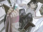  1girl aspirine4832 barefoot black_hair black_pants book collared_shirt eraser feet foot_focus foreshortening from_below grey_eyes highres holding holding_with_feet indoors long_hair looking_at_viewer looking_down open_mouth pants pen qiao_ling sandals shiguang_dailiren shirt short_sleeves single_sandal sitting solo toe_scrunch toenails toes 