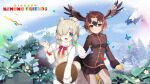  2girls alpaca_suri_(kemono_friends) animal_ears bird_girl bird_tail bird_wings blue_eyes boots bow bowtie brown_eyes brown_hair bug butterfly cardigan extra_ears gloves golden_eagle_(kemono_friends) grey_hair head_wings highres jacket kemono_friends kemono_friends_kingdom looking_at_viewer multiple_girls nature official_art outdoors pantyhose scarf shirt short_hair shorts skirt tail wings 