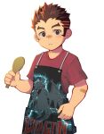  1boy aged_down akashi_(live_a_hero) apron bandaid bandaid_on_arm bandaid_on_face bandaid_on_nose black_shorts brown_eyes child commentary_request gorioxxxx holding holding_ladle ladle live_a_hero looking_at_viewer male_focus red_shirt shamoji shirt shorts white_background 
