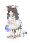  2girls ? aged_down animal_ear_fluff animal_ears bouquet braid brown_eyes clothes_lift dress dress_lift female_pervert flower flower_wreath fox_ears fox_girl fox_tail fuyukawa0410 hair_flower hair_ornament head_under_skirt highres hololive lifted_by_another long_hair multicolored_hair multiple_girls ookami_mio pervert rose sandals shirakami_fubuki sitting standing streaked_hair tail virtual_youtuber white_dress white_hair wolf wolf_ears wolf_girl wolf_tail 