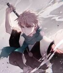  1boy artist_name black_kimono bleach bleach:_sennen_kessen-hen blue_eyes clenched_teeth drawing_sword haori highres hitsugaya_toushirou holding holding_sword holding_weapon japanese_clothes kimono male_focus scarf short_hair short_sleeves simple_background solo spiked_hair starbights sword sword_on_back taichou_haori teeth torn_clothes torn_scarf weapon weapon_on_back white_hair wide_sleeves zanpakutou 