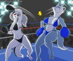 anthro biped boxing_gloves breasts canid canid_demon canine canis clothing demon denlusty duo female fighting_ring fur handwear hellhound helluva_boss hi_res illumination_entertainment loona_(helluva_boss) mammal multicolored_body multicolored_fur porsha_crystal punch sing_(movie) smile teeth thick_thighs two_tone_body two_tone_fur wolf