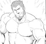  1boy aracnee26 aura bara beard facial_hair fate/grand_order fate_(series) flexing full_beard greyscale head_tilt highres iskandar_(fate) large_pectorals looking_at_viewer male_focus mature_male monochrome muscular muscular_male nipples nude pectorals sanpaku seductive_smile short_hair smile solo strongman_waist thick_beard upper_body veins veiny_arms veiny_neck 