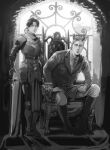  2boys absurdres armor armored_boots belt boots closed_mouth coat collared_shirt crown erwin_smith greyscale highres holding holding_sword holding_weapon indoors knight levi_(shingeki_no_kyojin) male_focus monochrome multiple_boys pants shingeki_no_kyojin shirt short_hair sitting sword thisuserisalive throne weapon 