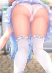  1girl ass ass_focus blue_hair blue_ribbon blurry blurry_background clothes_lift commentary day feet_out_of_frame frilled_panties frilled_thighhighs frills from_behind hololive legs long_hair lower_body outdoors panties ribbon ribbon-trimmed_thighhighs rikatan see-through_panties shiny_skin skirt skirt_lift solo standing symbol-only_commentary thighhighs thighs underwear virtual_youtuber white_panties white_thighhighs yukihana_lamy 