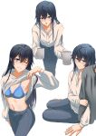  1boy 1girl absurdres ahoge black_hair blue_bra blue_eyes blush bra breasts cleavage closed_mouth clothes_lift collarbone cup drinking_glass grey_pants grey_shirt hetero highres holding holding_cup hood hoodie hoodie_lift long_hair long_sleeves looking_at_viewer multiple_views navel one_eye_closed pants shinonome_(pixiv_id_57460864) shirt sidelocks simple_background small_breasts smile underwear white_background white_hoodie yahari_ore_no_seishun_lovecome_wa_machigatteiru. yukinoshita_yukino 