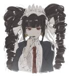  1girl bell bell_earrings black_hair black_jacket blunt_bangs celestia_ludenberg center_frills cropped_torso danganronpa:_trigger_happy_havoc danganronpa_(series) drill_hair earrings frills hand_up highres jacket jewelry long_hair long_sleeves lower_teeth_only necktie open_clothes open_jacket print_necktie red_eyes red_necktie shirt simple_background solo sweat teeth twin_drills twintails white_shirt yochilyee 