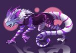 2018 4_ears akaru_(ivycomb) ambiguous_gender antennae_(anatomy) big_ears black_claws cccat claws digitigrade eyeless feral full-length_portrait fur hi_res long_tail mane multi_ear open_mouth open_smile orb pink_stripes portrait purple_background purple_body purple_fur purple_stripes raised_foot rizent shadow sharp_teeth side_view simple_background smile solo stripes tail teeth white_body white_fur white_mane