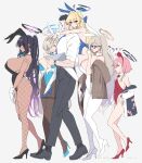  1boy 5girls absurdres akane_(blue_archive) akane_(bunny)_(blue_archive) asuna_(blue_archive) asuna_(bunny)_(blue_archive) black_hair black_pants blonde_hair blue_archive blue_bow blue_bowtie blue_eyes blue_necktie bow bowtie breasts cleaning_&amp;_clearing_(blue_archive) collared_shirt dark-skinned_female dark_skin detached_collar flat_chest funaya_(a2brasd) grey_background hair_over_one_eye halo high_heels highres huge_breasts karin_(blue_archive) karin_(bunny)_(blue_archive) large_breasts leotard light_brown_hair long_hair multiple_girls necktie neru_(blue_archive) neru_(bunny)_(blue_archive) official_alternate_costume pants pink_hair ponytail sensei_(blue_archive) shirt shoes short_hair simple_background strapless strapless_leotard toki_(blue_archive) toki_(bunny)_(blue_archive) white_shirt yellow_eyes 