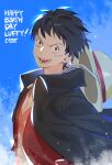  1boy black_cape black_eyes black_hair cape collared_cape commentary english_commentary grin happy_birthday hat looking_at_viewer male_focus monkey_d._luffy one_piece open_clothes open_shirt raine_(acke2445) red_shirt scar scar_on_face shirt short_hair sky smile solo straw_hat upper_body 